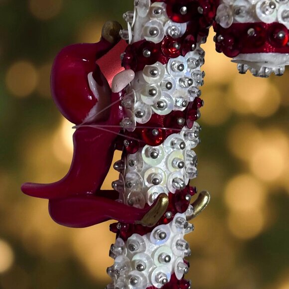 Vintage Japan Elf on Candy Cane Ornaments • 1950s Beaded Sequin Santa Elf Pair • - Picture 5 of 7